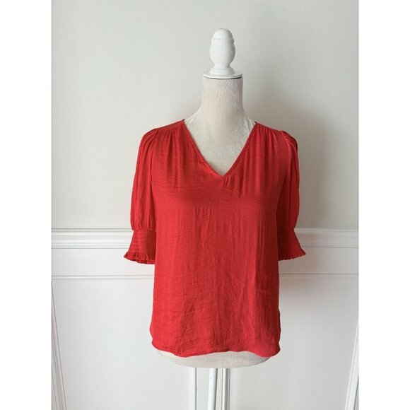 Maison DAmelie Red V-Neck Blouse XS With Ruffle Sleeves Lightweight & Flowy - Picture 1 of 6